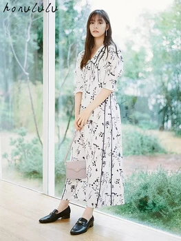 2022 m. pavasario ir vasaros naują Japonų retro spausdinti polka dot sluoksniuotos rankovėmis nėriniai-up suknelė moterims
