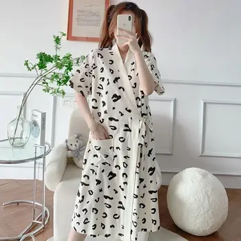 2022 M. Vasarą Naujas Chalatas Medvilnė, Plonas Chalatas, Komfortą Japonų Stiliaus Leopardas Spausdinti Sleepwear Seksualus Pižamą Femme Homewear