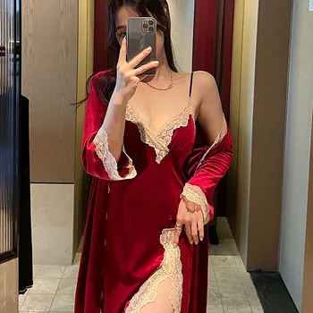 2023 Pavasario Seksuali Pižama rinkinys moterims, raudonos aksomo nuotaka rytą suknelė homewear lounge suknelė sleepwear chalatas bridesmaid dovana