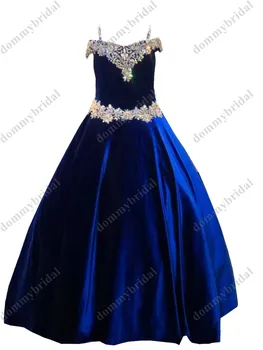 2023 Šiuolaikinės Royal Blue Velvet Boho Šalto Pečių Mergaitės Inscenizacija Prom Oficialią Suknelės Vaikams, Paaugliams, Kristalai Ilgai Korsetas