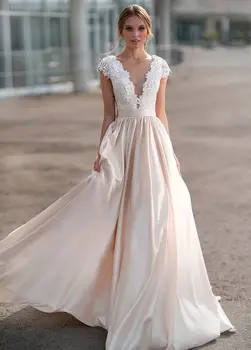 A-Line V-Kaklo HY412 Vestuvių Suknelė Moterims Grindų Ilgis Satino Nėriniais, Žavus, Elegantiškas Princesė Vestuvinės Suknelės Vestidos De Novia