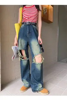 American retro kankina džinsai moterų vasarą naujų korėjos versija asmenybės gatvės aukšto juosmens tiesiai pločio kojų kelnės