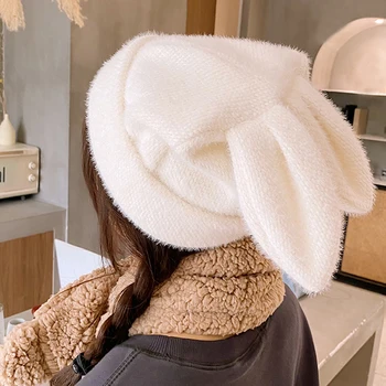 Atsitiktinis Mielas Triušis ausis Moterų Skrybėlės Rudens Žiemos Ėriukų Pliušinis Minkštas Mergaitėms Šiltas Panamos Skrybėlės Kepuraitė Minkštas Megzti Beanie Medvilnės