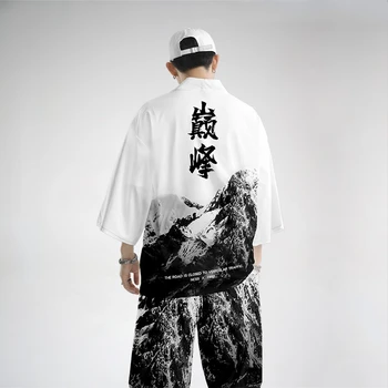 Azijos Streetwear Japonijos Sniego Kalnų Spausdinti Kimono Megztinis Paplūdimys Marškinėliai Mados Harakuju Samurajus Kostiumas Vyrams Haori Yukata
