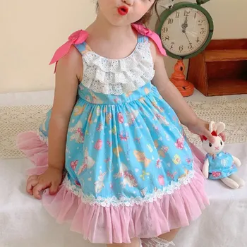 Baby girl vasaros derliaus ispanijos lolita dirželis printed dress vaikai lankas nėrinių susiuvimo kamuolys suknelė šalis suknelė