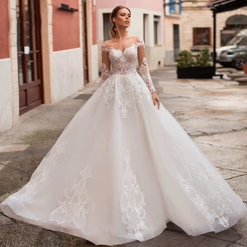 Balta Prabangių Vestuvių Suknelė ilgomis Rankovėmis Nėrinių Kamuolys Suknelė O-kaklo 3D Gėlių Nuotakos Suknelės Teismas Traukinio Užsakymą Pagaminti Vestuvių Suknelė