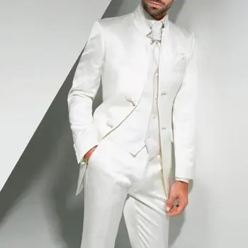 Balta Vestuvinė Tuxedos Jaunikis Dėvėti Dvi Mygtuką Custom Made Vyrų Kostiumai Trijų dalių Groomsmen Kostiumas (Striukė + Kelnės + Liemenė)