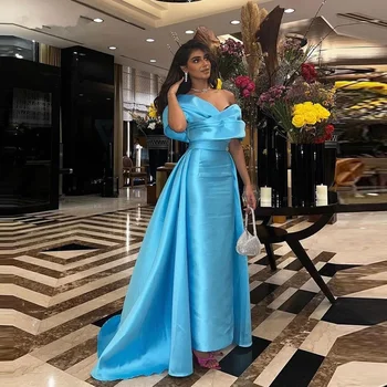 Dangaus Mėlyna Satino Vakaro Suknelės Nuimamas Traukinio Off Peties Saudo Arabų Chalatas De Soiree Moterų Paprasta Oficialią Šalies Prom Chalatai