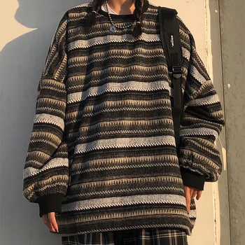 Dryžuotas Y2K Puloveriai Moterims Rudenį Atsitiktinis korėjos Prarasti Streetwear Vintage Retro ilgomis Rankovėmis Per Dydžio Hip-Hop Megzti Džemperis