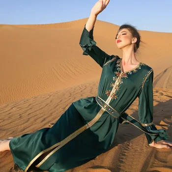 Eid Abaja Suknelė Moterims Tamsiai Žalia Prabangių Deimantų Juostele V Kaklo, Pynimas ilgomis Rankovėmis Prarasti Juostinės Dubajus Morocan Caftan