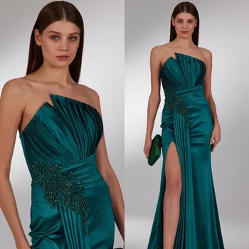 Elegantiškas Granulių Linija, Žalia Keltas Suknelės Rankovių Plisuotos vakarinę Suknelę Specialios Occations Seksualus Aukštos Padalinta Šalis Nuotakos Suknelės