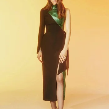 Elegantiškas Juodas Su Žalia Kratinys Ilga Suknelė Aukštos Kokybės Vienos Pečių Ilgomis Rankovėmis Bodycon Įžymybė Kokteilis Vestidos