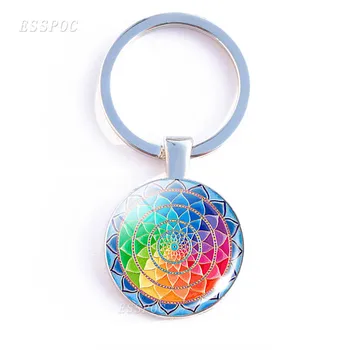 ESSPOC Key chain Mandala paveiksl Stiklo Cabochon pakabukas Keychains Sakralinės Geometrijos Jogos Om bižuterijos Raktų žiedas Dovana 2019
