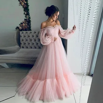 Gana 2020 Blush-line Ilgai Rožinės spalvos Tiulio Prom Dresses Pilnas Rankoves nuo Peties Raukiniai Prom Chalatai Šalis Suknelė