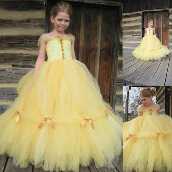 Geltona Kamuolys Suknelė Mergaitėms Inscenizacija Suknelės Off Pečių Lankas Skirtingos Sijonai, Uždusęs Gėlių Mergaitė Birthday Party Dress Užsakymą
