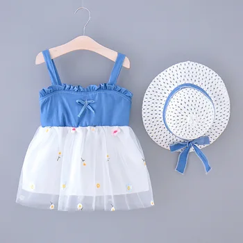 Gėlių Siuvinėjimo Tinklelio, Džinsinio Audinio Susiuvimo Suspender Suknelė Su Saulės Skrybėlę Vasarą Korėjos Stiliaus Mielas Kūdikis Kūdikiams, Vaikiška Mergaičių Drabužiai