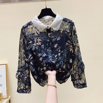 Gėlių Šifono Moterų Marškiniai Vasaros Derliaus Dizaino 2022 Turn-Žemyn Apykaklės Elegantiškas Office Lady Outwear Dangomis, Topai