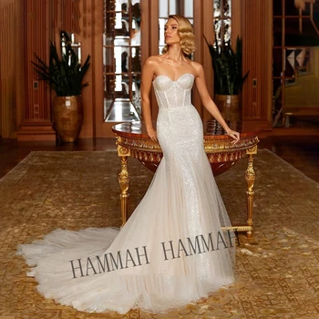 HAMMAH Princesė Vestuvių Suknelės, Brangioji Teismas Traukinio Rankovių Undinė Appliques Užtrauktukas Chalatas De Soirée De Mariage
