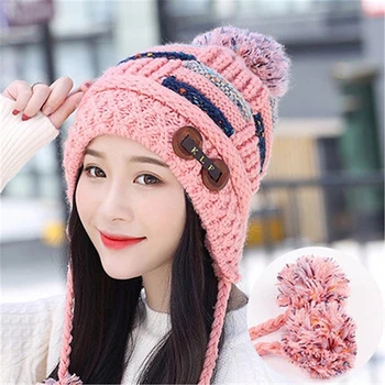 Hat Moterų Žiemos Korėjos Sutirštės Šiltas Skrybėlių Mados Ausų Apsaugos Mergina, Puikus Kamuolys Mezgimo Purus Moterų Rožinė