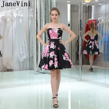 JaneVini Gėlių Trumpas Homecoming Suknelės 2019 Stebėjimo Satin Black, Pink Gėlių Modelio Baigimo Suknelė Kelio Ilgis Šalis Suknelė