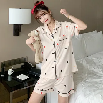 Japonijos Atsitiktinis Trumpas Pižamos Moterims, Medvilnės, Trumpomis Rankovėmis, Taškas Pajama Komplektai Šortai Mielas Animacinių Filmų Sleepwear Minkštas Homewear