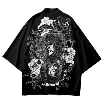Japonijos Streetwear Megztinis Moterims Dragon Spausdinti Azijos Skraiste Kimonos Harakuju Derliaus Samurajus Kostiumas Vyrams Haori Yukata Drabužiai