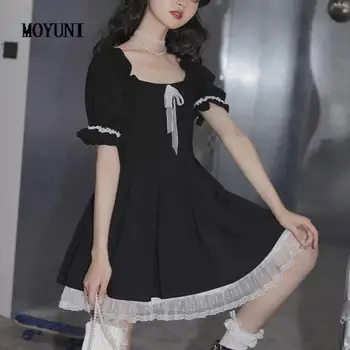 Kawaii Mini Suknelė Moterims Vasaros 2021 Juodos Spalvos Trumpomis Rankovėmis Japonijos Saldus Mielas Atsitiktinis Suknelė Kolegija Stiliaus Lankas Nėrinių Goth Lolita Dress