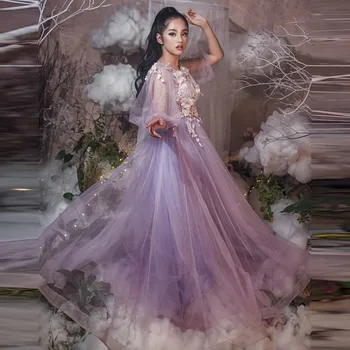 Levandų Prom Dress O-Kaklo, Permatomas Burbulas Rankovėmis Suknelės China Aplikacijos Grindų Ilgio Vakarinę Suknelę Šaudyti Sluoksnių Tiulio Suknelė
