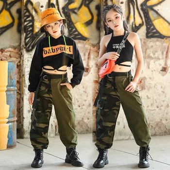 Merginos Hip-Hop Kamufliažinės Kelnės Petnešos Viršūnes Vaikų Džiazo Šokių Drabužius Cool Apranga Paauglys Streetwear Mados Kostiumai