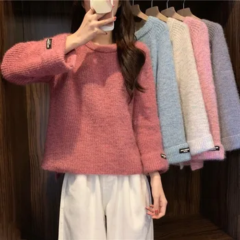 moteriški drabužiai ~ korėjos versija candy spalva sutirštės prarasti plonas, apvalios kaklo Megztinis ilgomis rankovėmis džemperis moterims