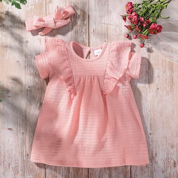 Naujagimis Baby Girl Dress Komplektus Trumpas Rankovės Vientisos Spalvos Raukiniai, Plisuotos Apvalios Kaklo Suknelė + Mielas Lankelis Nustatyti Vasaros Drabužių