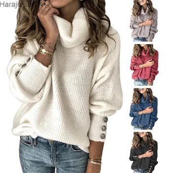 NAUJAS ilgomis Rankovėmis Megztinis Moterų Golfo Žiemos Drabužių mygtuką Atsitiktinis Megztinis Palaidinė Plius Dydis Negabaritinių sweters mujer 2021