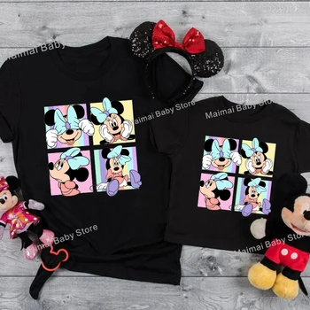 Naujas Minnie Mouse Šeimos Atitikimo Komplektus Medvilnės Motina Dukra Disney Vaikams Marškinėlius Baby Romper Kawaii Šeimos Atrodyti Anime Drabužiai