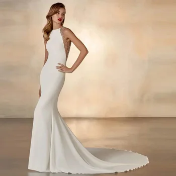 Naujo Dizaino Rankovių Satino Vestuvių Suknelė Valymo Traukinio Prabanga, Blizgučiais Duobute Vien Akies Atgal Ilgai Undinė Vestuvių Suknelės Moterims