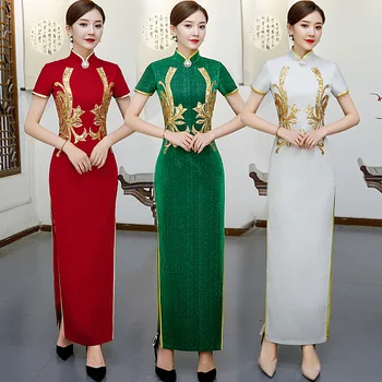Naujovė Spalvingas Moterims, Ilgą Šakutę, Blizgančiais Cheongsam Rytų Nuotaka Bodycon Mandarinų Apykaklės Qipao Vestuvių Etape Parodyti Suknelė
