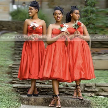 Oranžinė Raudona Trumpas Bridesmaid Dresses Brangioji-line Satininiu Vestuvių Svečių Suknelė 2023 Arbata Ilgis Nuotaka Vasarą Vestuves Chalatai