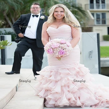 Prabanga Rožinė Undinė Vestuvių Suknelės 2023 Plius Dydis Raukiniai 