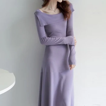 Prancūzijos off peties suknelė, madingi nauji ilgomis rankovėmis vilnos megzti suknelę Medvilnės Apvalkalą Rudenį vestido Apvalkalas