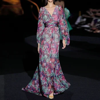 Printed Rankovės Derlius Ilgai Žibintų Suknelės Moterims Pavasario Vasaros 2023 kilimo ir tūpimo Tako Elegantiškas V-kaklo Gėlių Šifono Maxi Suknelė