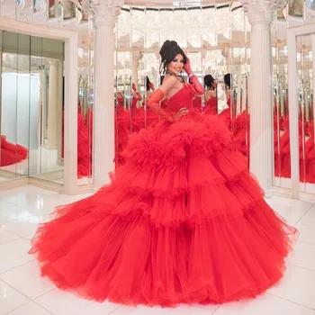 Pyszny Raudoni Pakopų Tiulio Nuotakos Suknelės Plunksnų 3D Gėlių Stovai Tutu Kamuolys Chalatai Stebėjimo Ilgai Prom Chalatai
