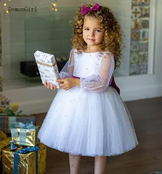 Reljefiniai Baltos Spalvos Gėlių Mergaičių Suknelės Satino Lankas Princesė Vaikams Ilgomis Rankovėmis Pirmosios Komunijos Suknelės Gimtadienio Suknelė