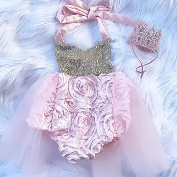 Saldus Kūdikių Baby Girl Apynasrio užrišti Bodysuit Suknelė Princesė Rankovių Blizgančiais Kratinys Tiulio Tutu Jumpsuit Kūdikių Drabužius 0-24M