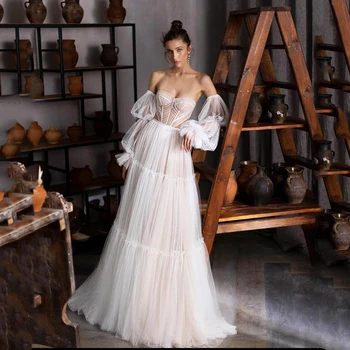 SoDigne Rožinė Vestuvių Suknelės ilgomis Rankovėmis Kaulų nuo Pečių Vestuvių Suknelė iki 2022 m. Tiulio Vestuvės Suknelės, Plius Dydis