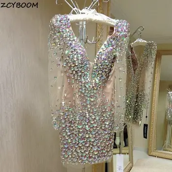 Trumpas Undinė Blizga Kristalų Kokteilių Suknelės 2022 Oficialią Šalies Moterų Prom Dresses Šampano Ilgomis Rankovėmis Baigimo Vakare Chalatai