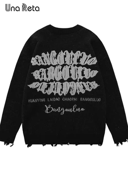 UnaReta Vyrų Megztiniai Žiemos Streetwear Naujas ilgomis Rankovėmis Hip-Hop Skylę dizaino Puloveriai Negabaritinių Laiškas spausdinti Pora Džemperis Moterims