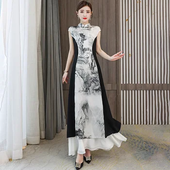 Vasaros Moterų Šiuolaikinės Pagerinti Pokylių Ilgai Qipao Eleganti Slim Kinų Tradicinė Suknelė Šalis Cheongsam Dažai, Tapyba Spausdinti