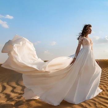 Vasaros Šifono Vestuvių Suknelės Beach V-Kaklo, ilgomis Rankovėmis, permatomas Nėrinių Aplikacijos A-line Bridal Gown Vestido De Novia