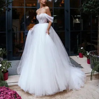 Vestido De Noiva 2021-Line Vestuvių Suknelė Elegantiškas, Tiulis Zawalcowany Skraiste Santuokos Suknelės Pigūs Boho Nuotakos Suknelės, Chalatas De Mariée