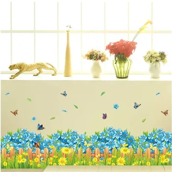 Žaliųjų augalų mėlyna gėlių siena lipdukas studijų miegamojo sienos apdaila šiuolaikinio meno freskos namų puošybai baseboard decal