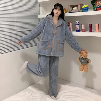 Žiemą Šilti Koralų Aksomo Moterų Pižamos Rinkiniai Storio Kietos Pijamas Moterų Vilnos Ilgomis Rankovėmis Sleepwear Cardigan 
